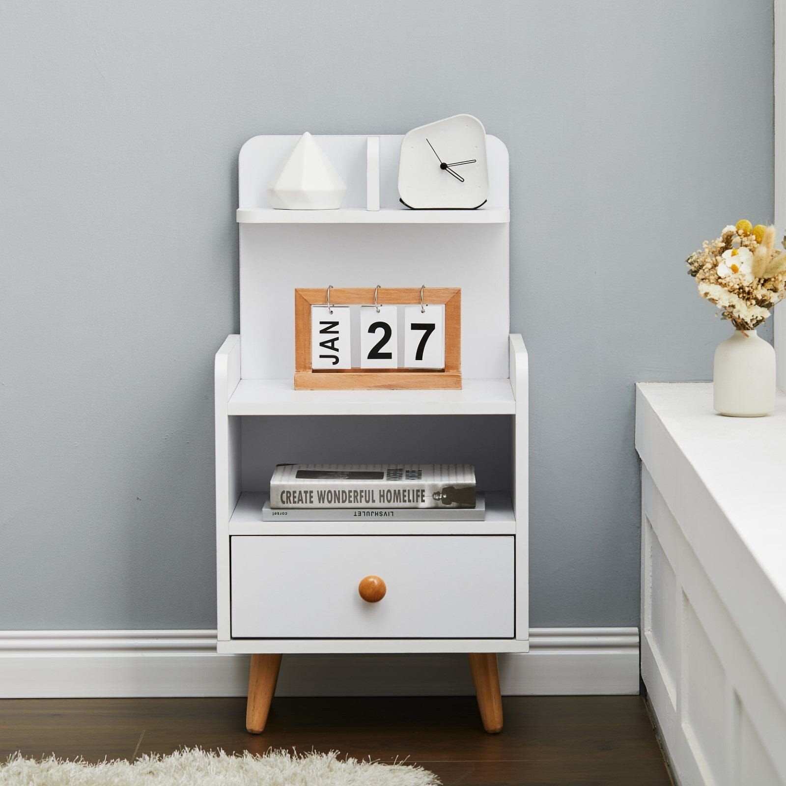 White Wooden Bedside Table with Wooden Legs and Drawers Cabinets Living and Home 1 Drawer 