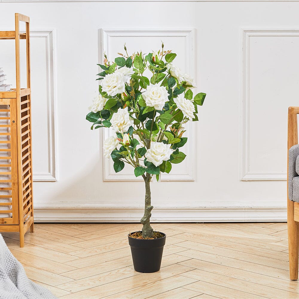 Artificial Rose Flower Tree in Pot Artificial Plants Living and Home Green/White: 80cm H 