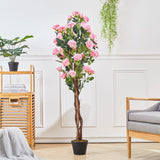 Artificial Rose Flower Tree in Pot Artificial Plants Living and Home Green/Pink: 150cm H 