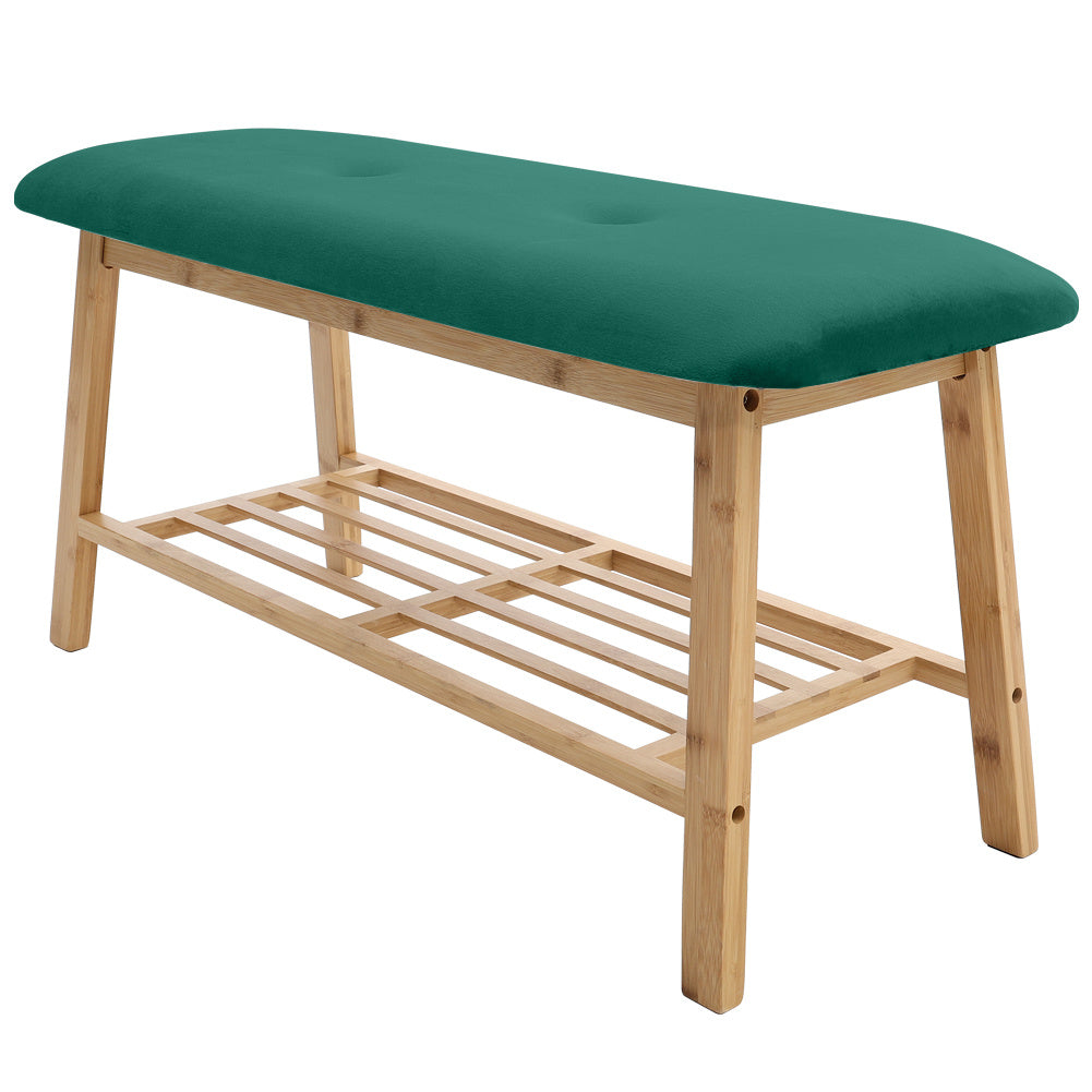 Shoe Bench Bamboo 2 Tier with Shoe Storage Rack Bench Living and Home Green Velvet 