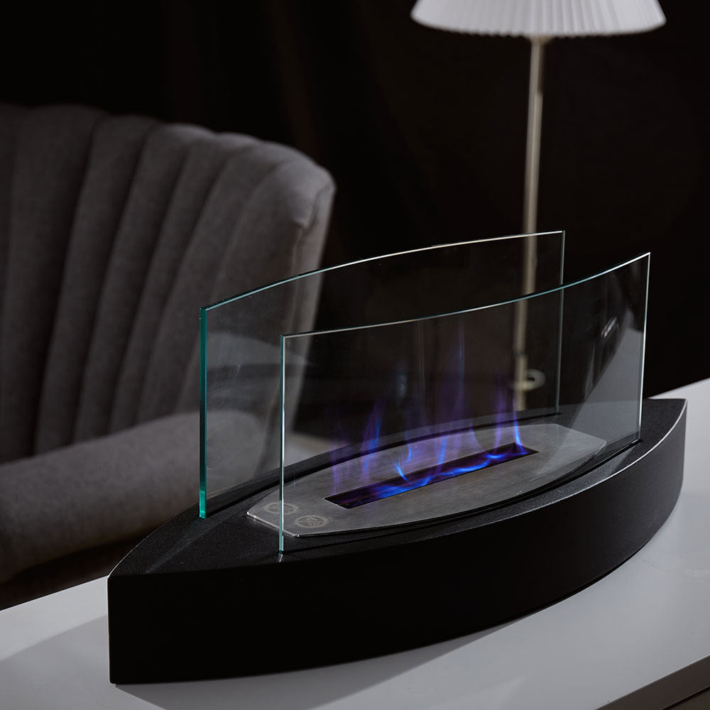 60cm Wide Black Tabletop BioEthanol Fireplace with Flame Guard