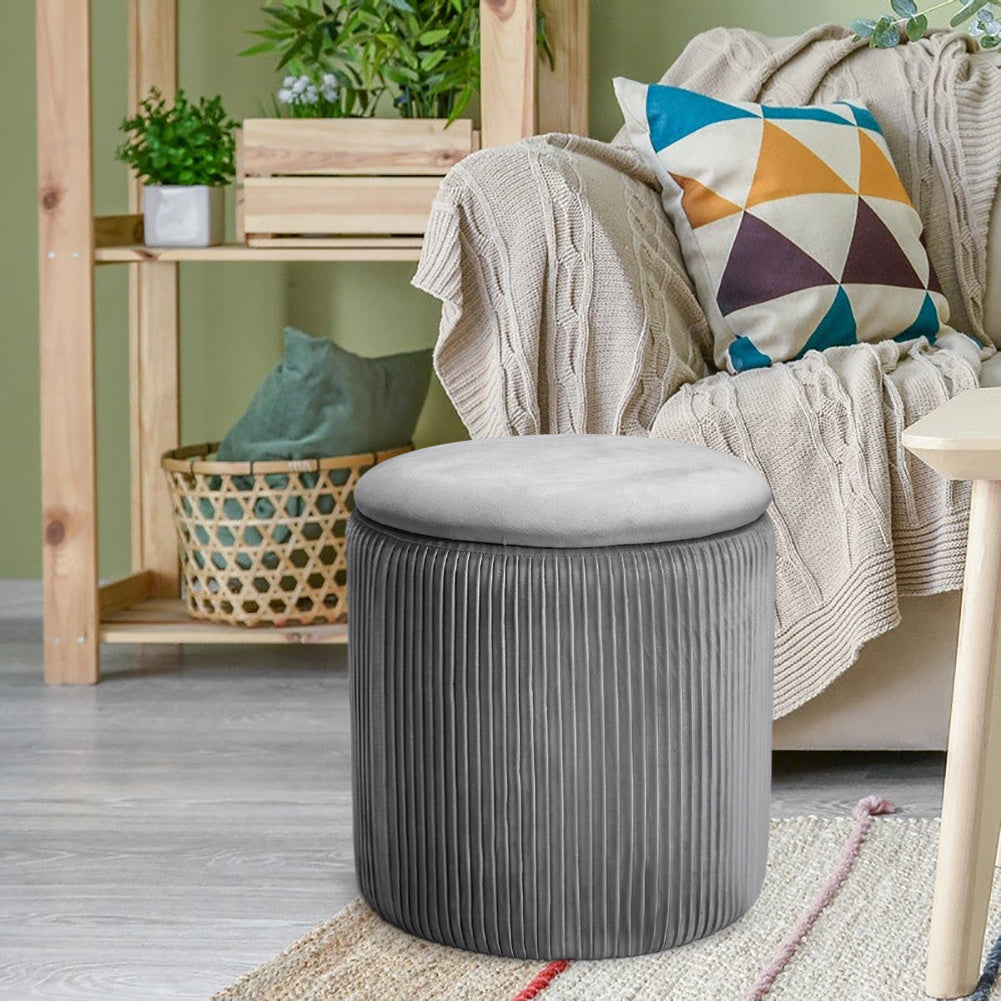 Dia. 38cm Round Ruched Velvet Padded Seat Ottoman Storage Footstool Lift-Off Lid Storage Footstool Living and Home Grey 