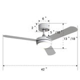 Silver 3 Blade Ceiling Fan with LED Lamp & Remote Control 42Inch Ceiling Light Living and Home 