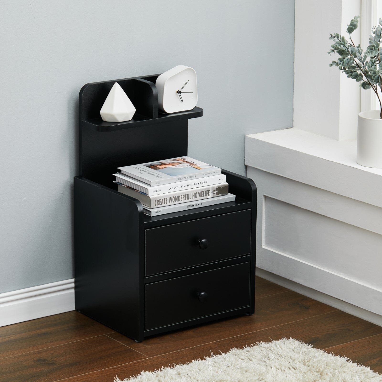 Minimalist Black Wooden Bedside Table with Drawers Cabinets Living and Home 2 Drawers 