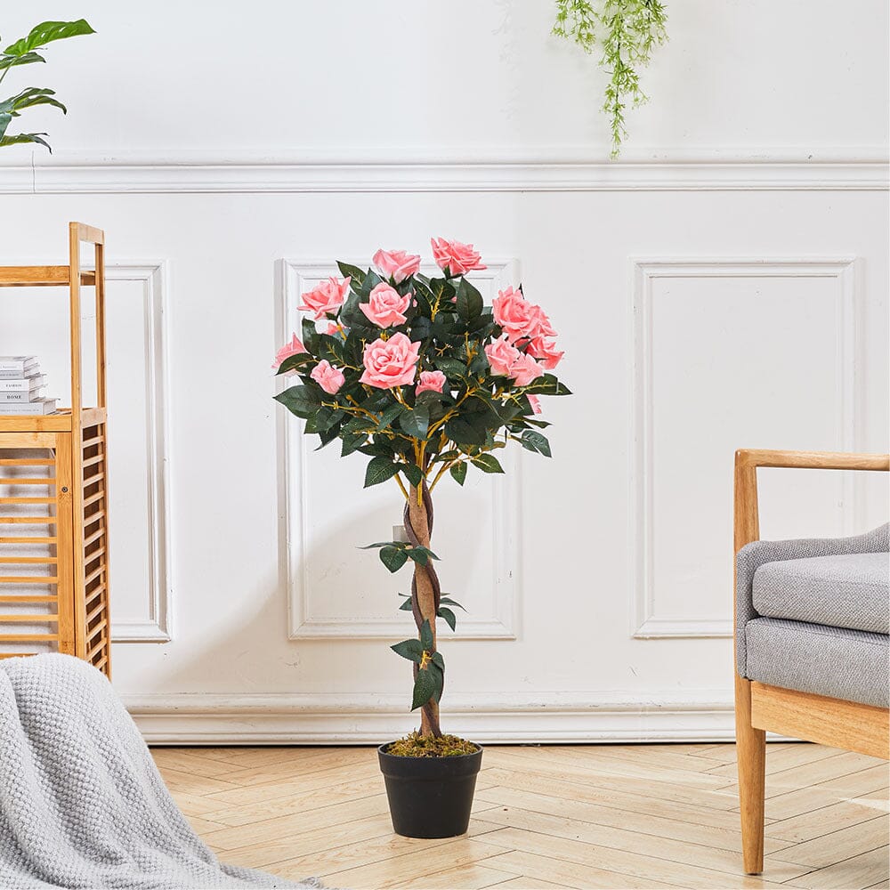 Artificial Rose Flower Tree in Pot Artificial Plants Living and Home Green/Pink: 90cm H 