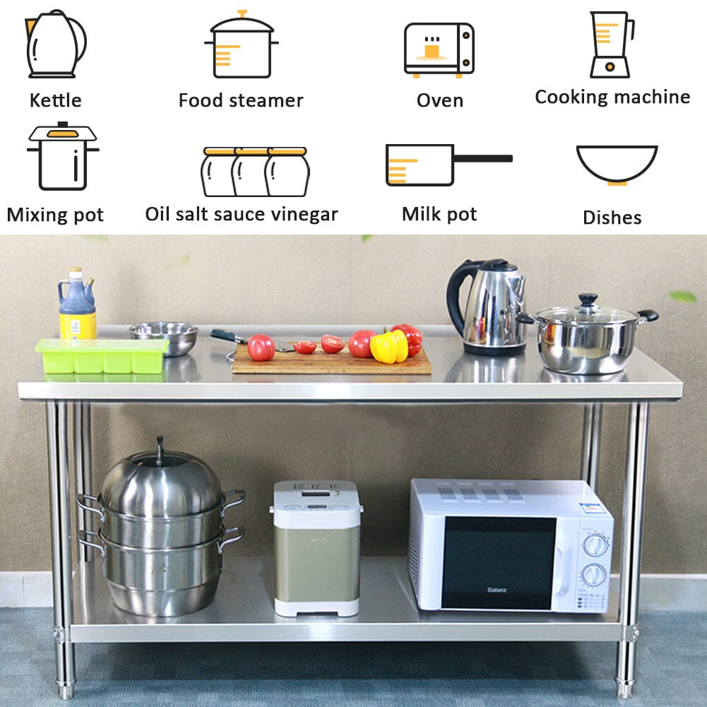 2 Tiers Commercial Kitchen Prep Table Stainless Steel Work Table Commercial Work Tables Living and Home 