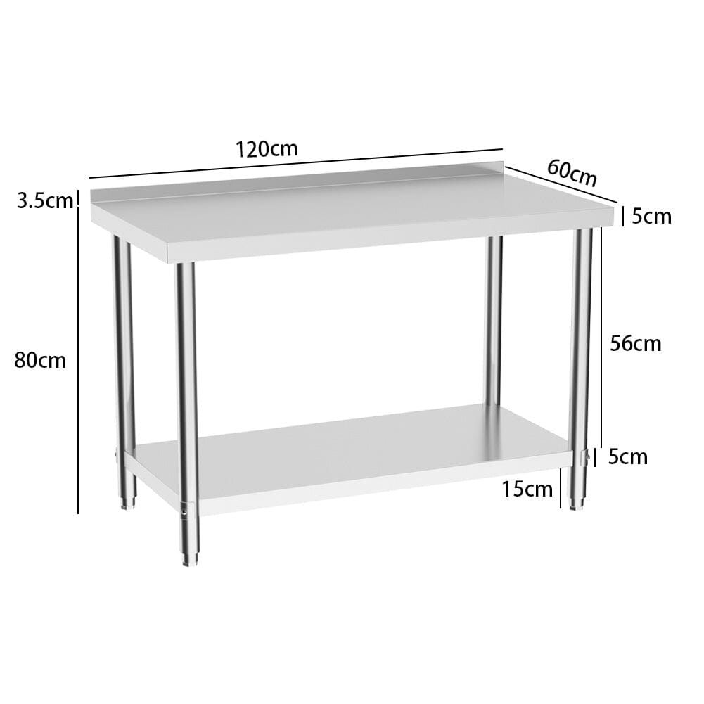 2 Tiers Commercial Kitchen Prep Table Stainless Steel Work Table Commercial Work Tables Living and Home 1200 mm With Backsplash 