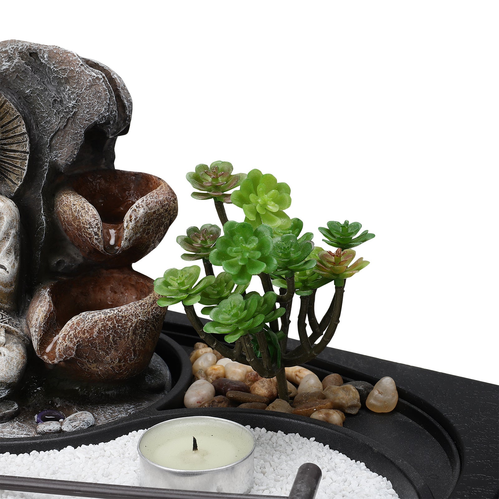 faux succulent fountain w/ led lights 7.5in Buddha Zen Tabletop Fountain with LED Light, Tealight Holder and Succu – Living and Home