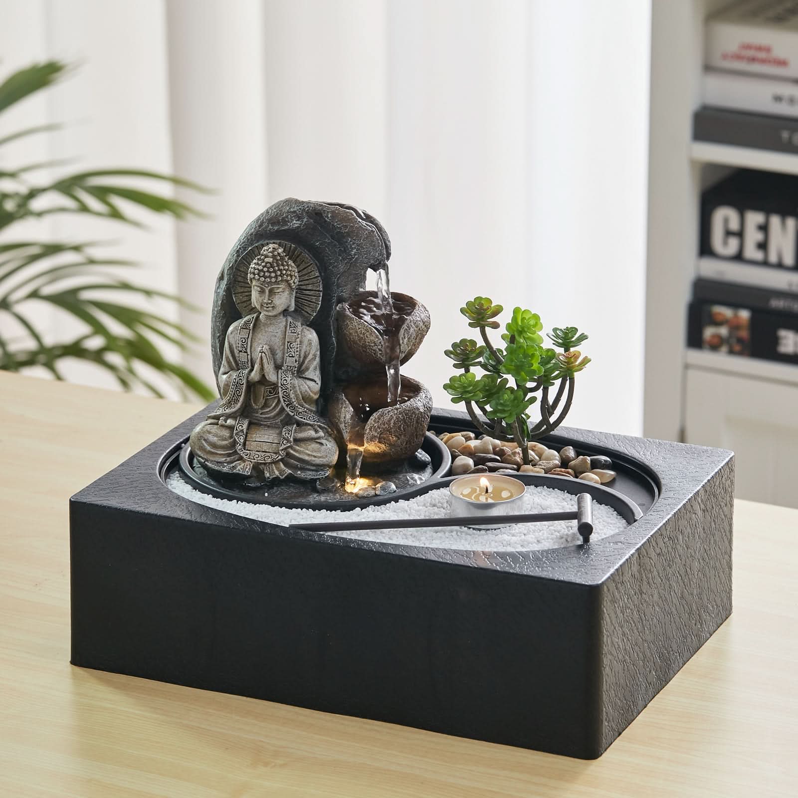 Buddha Zen Tabletop Fountain LED Light Tealight Holder Succulent