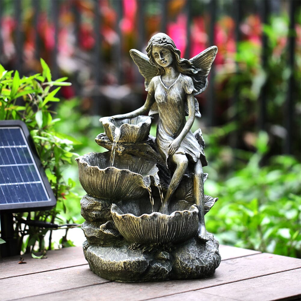 Fairy Solar Resin Water Fountain with LED Lights Fountains Living and Home 