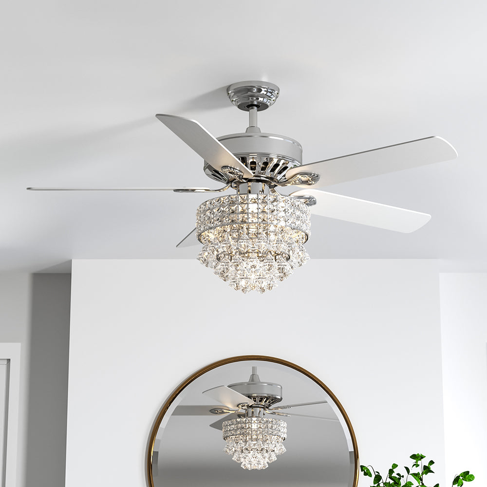 Chrome Ceiling Fan 5 Blades LED Crystal Chandelier & Remote Control 52Inch Ceiling Lights Living and Home 1# 