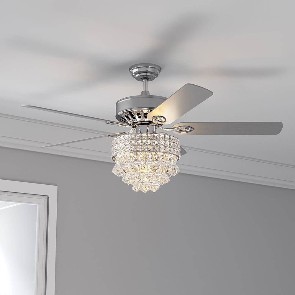 Chrome Ceiling Fan 5 Blades LED Crystal Chandelier & Remote Control 52Inch Ceiling Lights Living and Home 