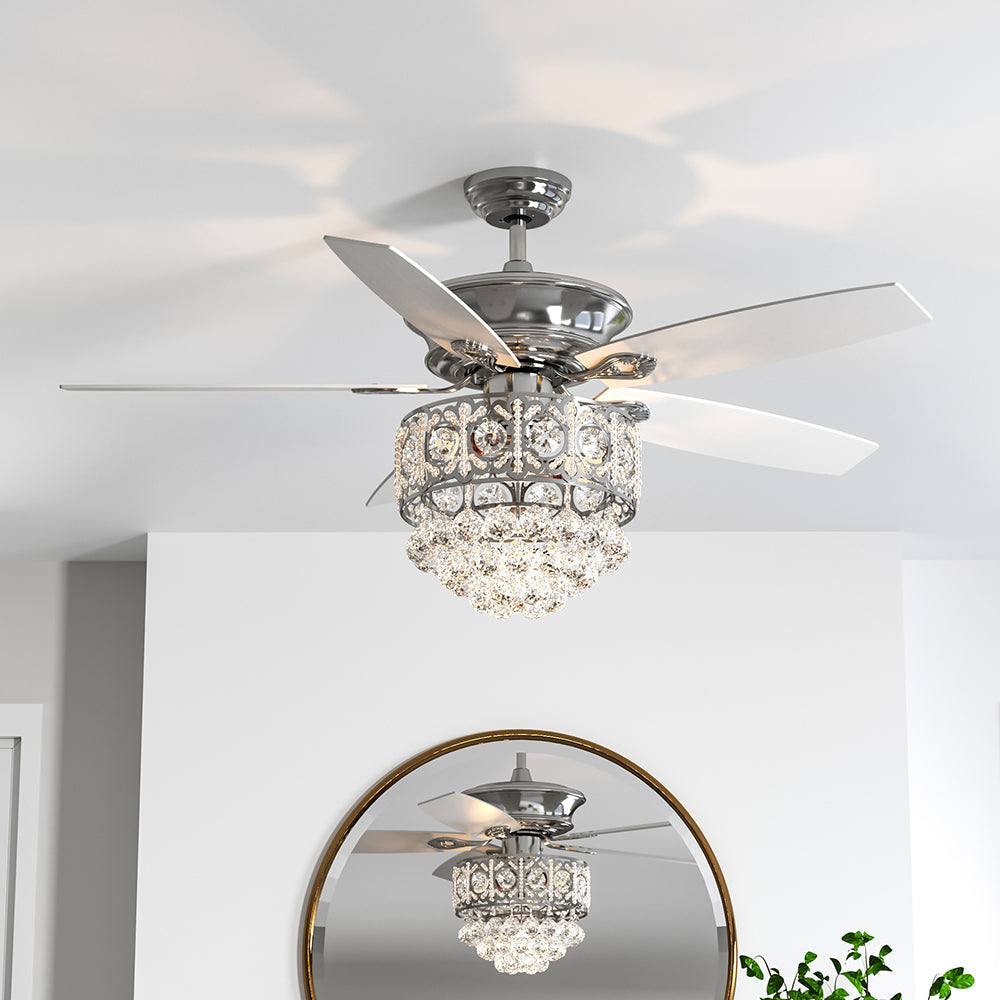 Chrome Ceiling Fan 5 Blades LED Crystal Chandelier & Remote Control 52Inch Ceiling Lights Living and Home 2# 