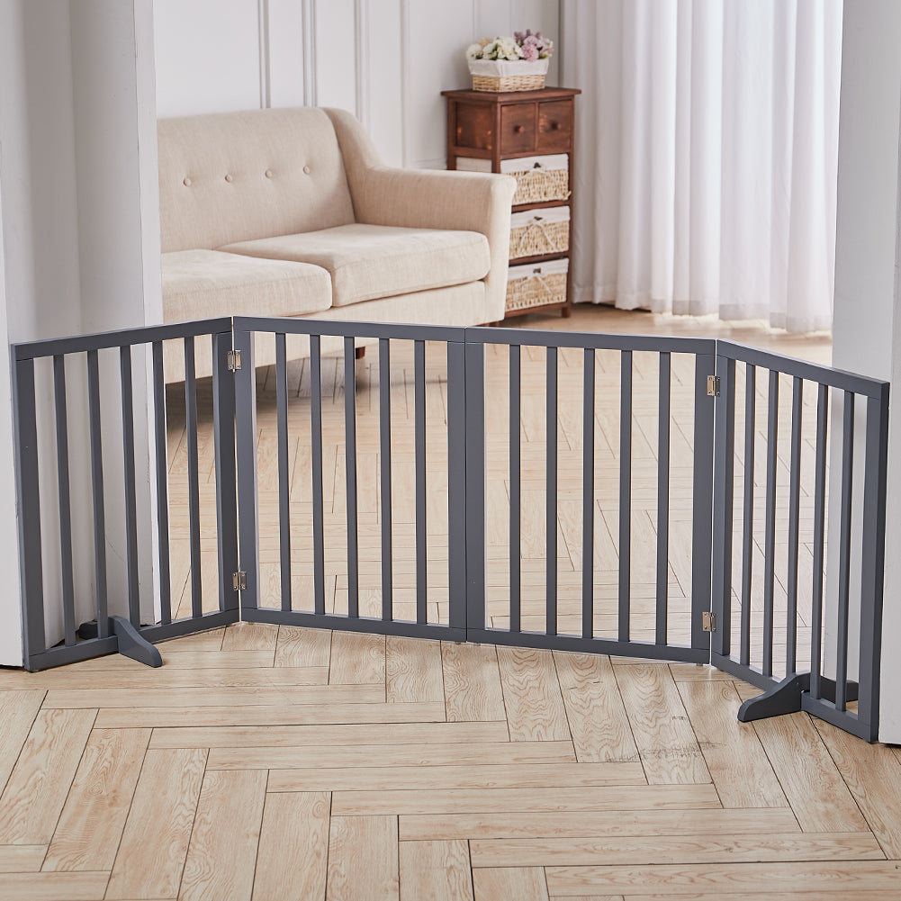Living Room Safety Fence Wooden Folding 4-Panel Pet Gate Pet Supplies Living and Home Grey 