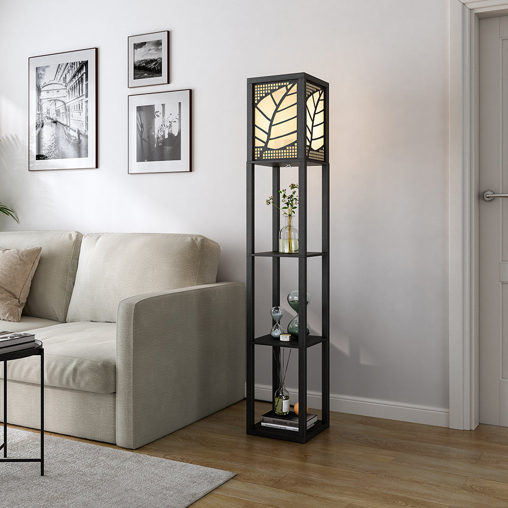 Modern Floor Lamp with Linen Shade Wood Leaf Patterned 3 Layers Towered Lamp Floorlamp Living and Home 