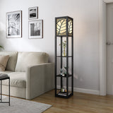 Modern Floor Lamp with Linen Shade Wood Leaf Patterned 3 Layers Towered Lamp