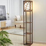 Modern Floor Lamp with Linen Shade Wood Leaf Patterned 3 Layers Towered Lamp Floorlamp Living and Home Chocolate 