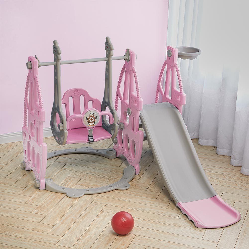 3 in 1 Kids Swing and Slide Set Toddler Climber Playset Swing Sets & Playsets Living and Home Pink and Grey 