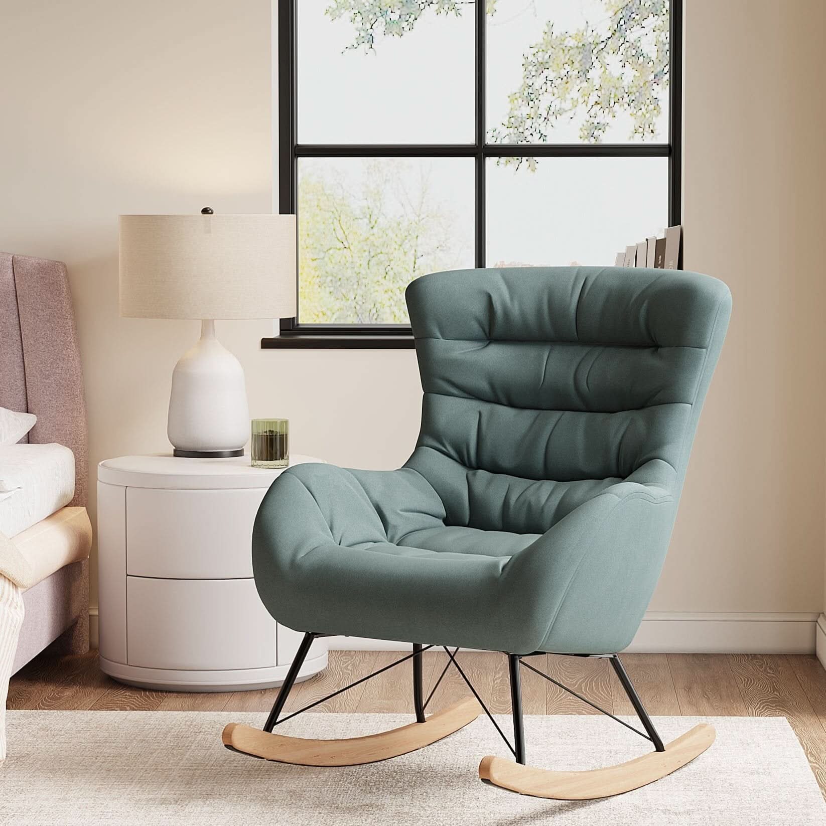 96cm Height Cyan Nordic Wooden Rocking Chair Room Bedroom