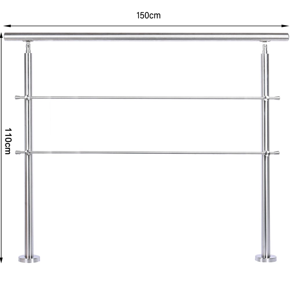 150cm Wide Silver Floor Mount Stainless Steel Handrail for Slopes and Stairs Garden Fences & Wall Hedges Living and Home With 2 Cross Bars 
