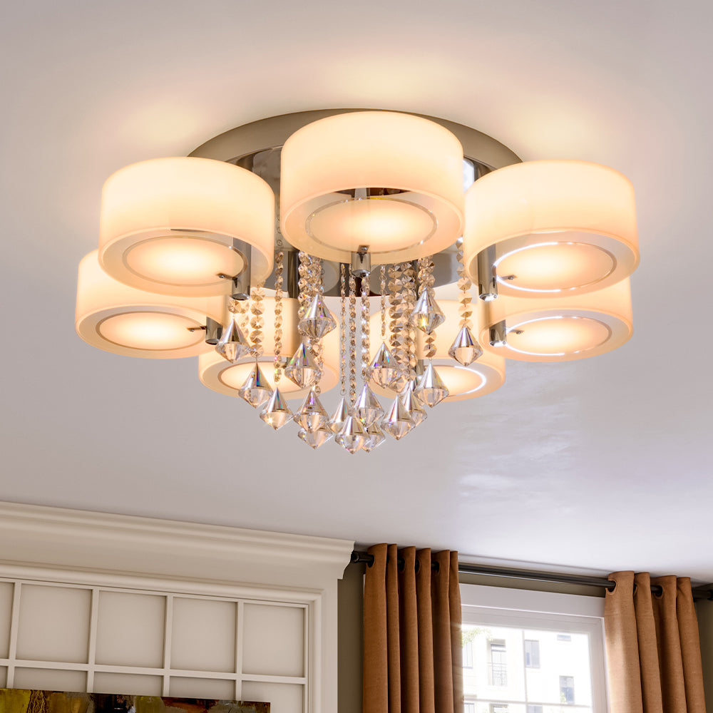 Ceiling Light Semi-Flush Mount, Cylindrical Acrylic Lampshades, Crystal Drops Ceiling Lights Living and Home 7 cylindrical shades 