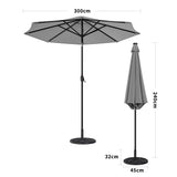 Light Grey 3m Iron Garden Parasol Sun Umbrella With Solar LED Lights Parasols & Rain Umbrellas Living and Home 10KG Petal cement tank base 