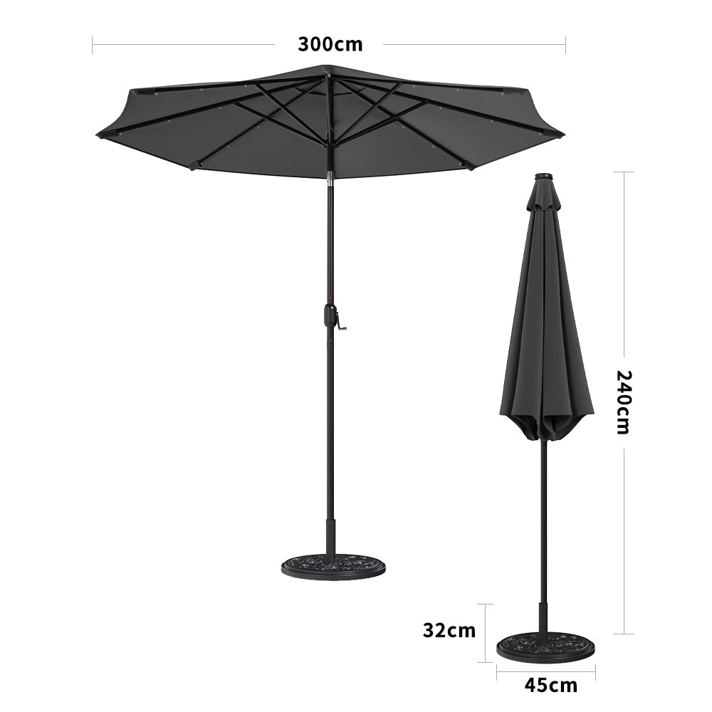 Black 3m Iron Garden Parasol Sun Umbrella With Solar LED Lights Parasols & Rain Umbrellas Living and Home 10KG Petal cement tank base 