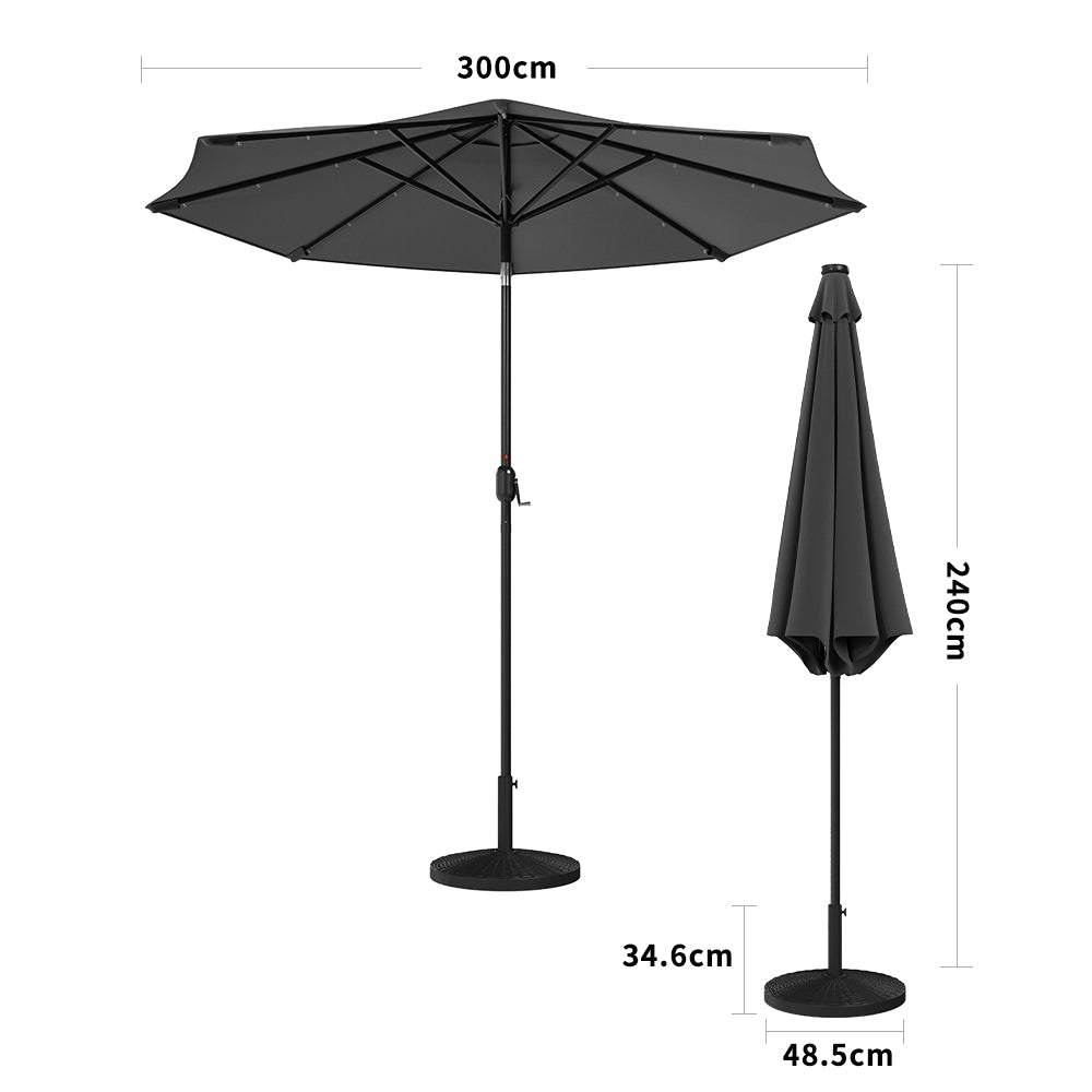 Black 3m Iron Garden Parasol Sun Umbrella With Solar LED Lights Parasols & Rain Umbrellas Living and Home Circle Effect 14KG Resin tank base 