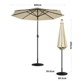 Beige 3m Patio Garden Parasol Sun Umbrella Sunshade Canopy With Solar LED Lights Parasols & Rain Umbrellas Living and Home Rattan Effect 14KG Resin tank base 
