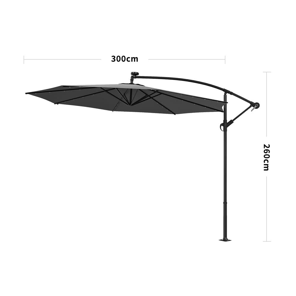 3M Cantilever Garden Parasols Dark Grey Iron Banana Umbrella LED Lights