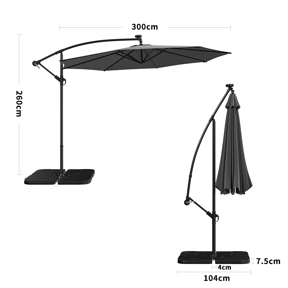 Black 3m Iron Banana Umbrella Cantilever Garden Parasols with LED Lights Parasols & Rain Umbrellas Living and Home Cross base+Petal water tank base 