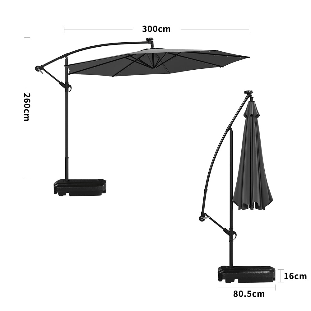 Black 3m Iron Banana Umbrella Cantilever Garden Parasols with LED Lights Parasols & Rain Umbrellas Living and Home Rectangle water tank base 