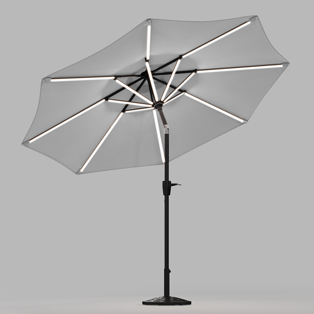 grey lighted patio umbrella 3M Sunbrella Umbrella Light Grey Lighted Market with Solar Strip LED L – Living and Home