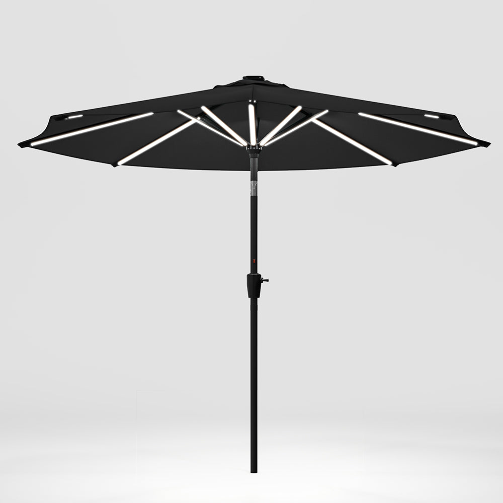 black and white patio umbrella with lights 3M Sunbrella Umbrella Dark Grey Lighted Market with Solar Strip LED Li – Living and Home