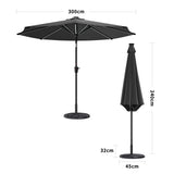 Black 3M Lighted Market Sunbrella Umbrella with Solar Strip LED Lights Parasols & Rain Umbrellas Living and Home Parasol + 10KG Petal cement tank base 