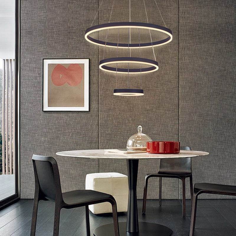 Modern 3 Ring Aluminum Round Hanging LED Pendant Light Chandeliers Living and Home Dimmable with Remote Control 