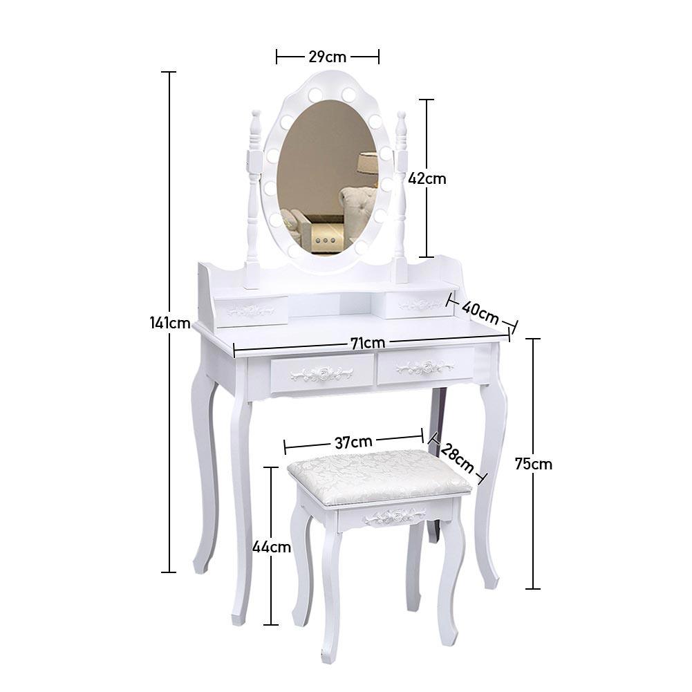 4 Drawers Dressing Table Dressers Bedroom with Bulbs Mirror & Stool Set White Bedroom Vanities Living and Home 