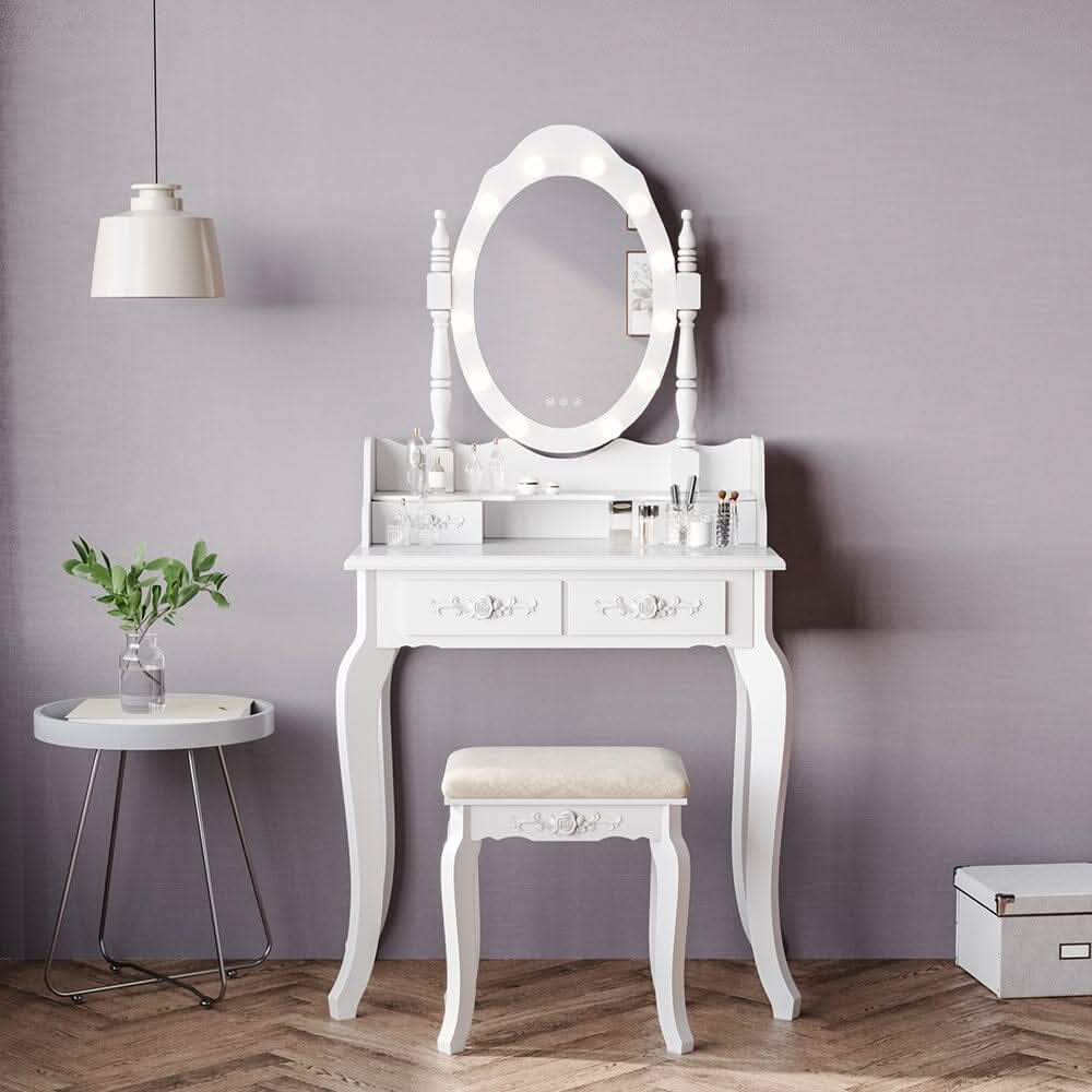 4 Drawers Dressing Table Dressers Bedroom Bulbs Mirror & Stool Set