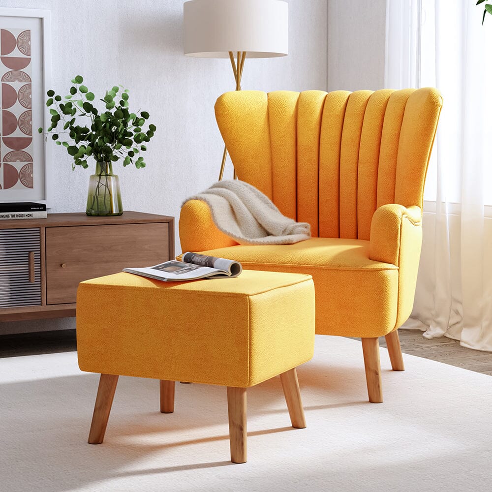 Occasion Faux Wool Wingback Chair Padded Armchair and Footstool Wingback Chairs Living and Home Yellow Suede 
