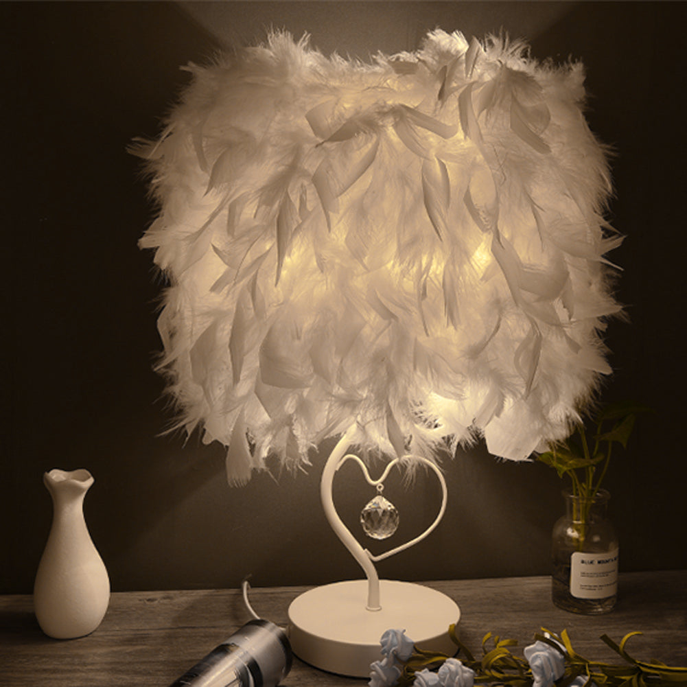 White Feather Table Lamp Bedside Nightstand Lamp with Heart Shape Base Table Lamps Living and Home 