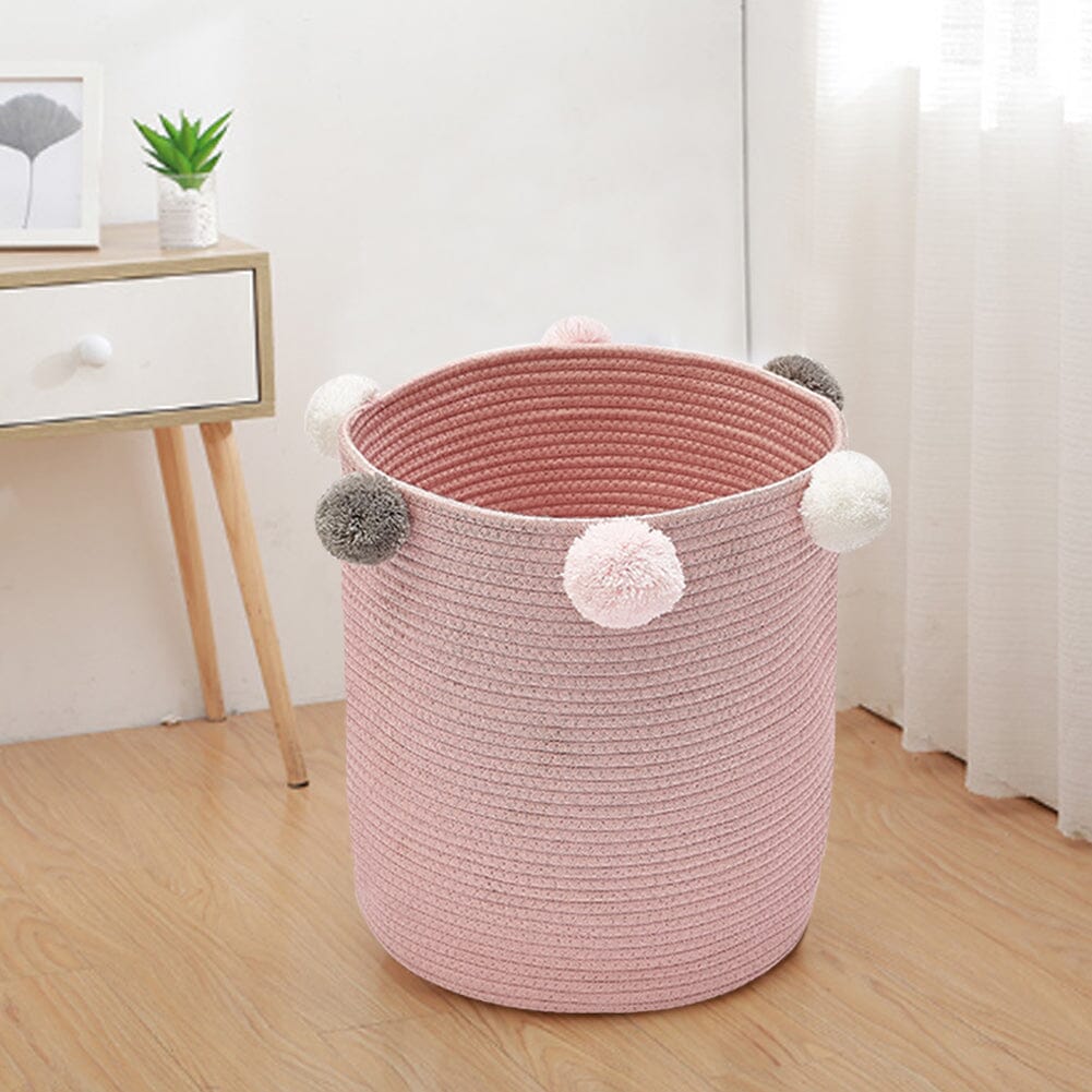 Cotton Rope Basket Woven Laundry Blanket Toy Basket Organizer with Pompom Laundry Baskets Living and Home Pink 
