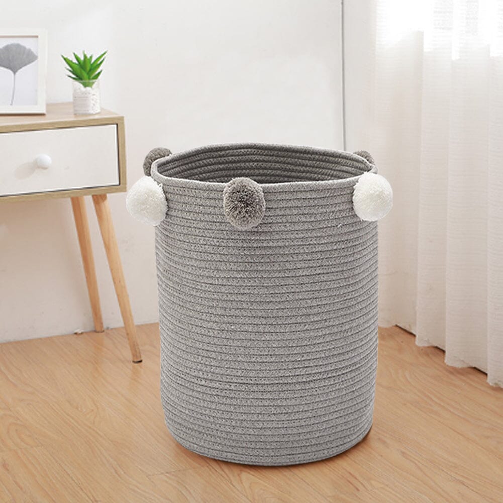 Cotton Rope Basket Woven Laundry Blanket Toy Basket Organizer with Pompom Laundry Baskets Living and Home Grey 