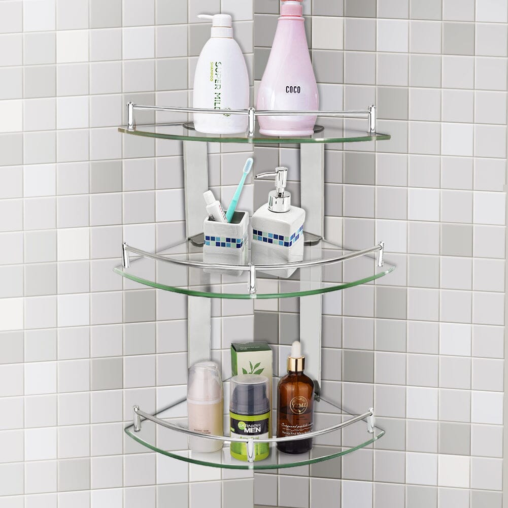 3 Tiers Bathroom Tempered Glass Corner Shelf with Steel Rail Wall Mounted Shower Caddies Living and Home 