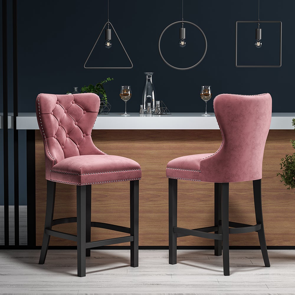 Bar Stool Wooden Velvet Buttoned Pink/Grey/brown breakfast Bar Stool Bar Chair Living and Home Pink 2 Chairs 