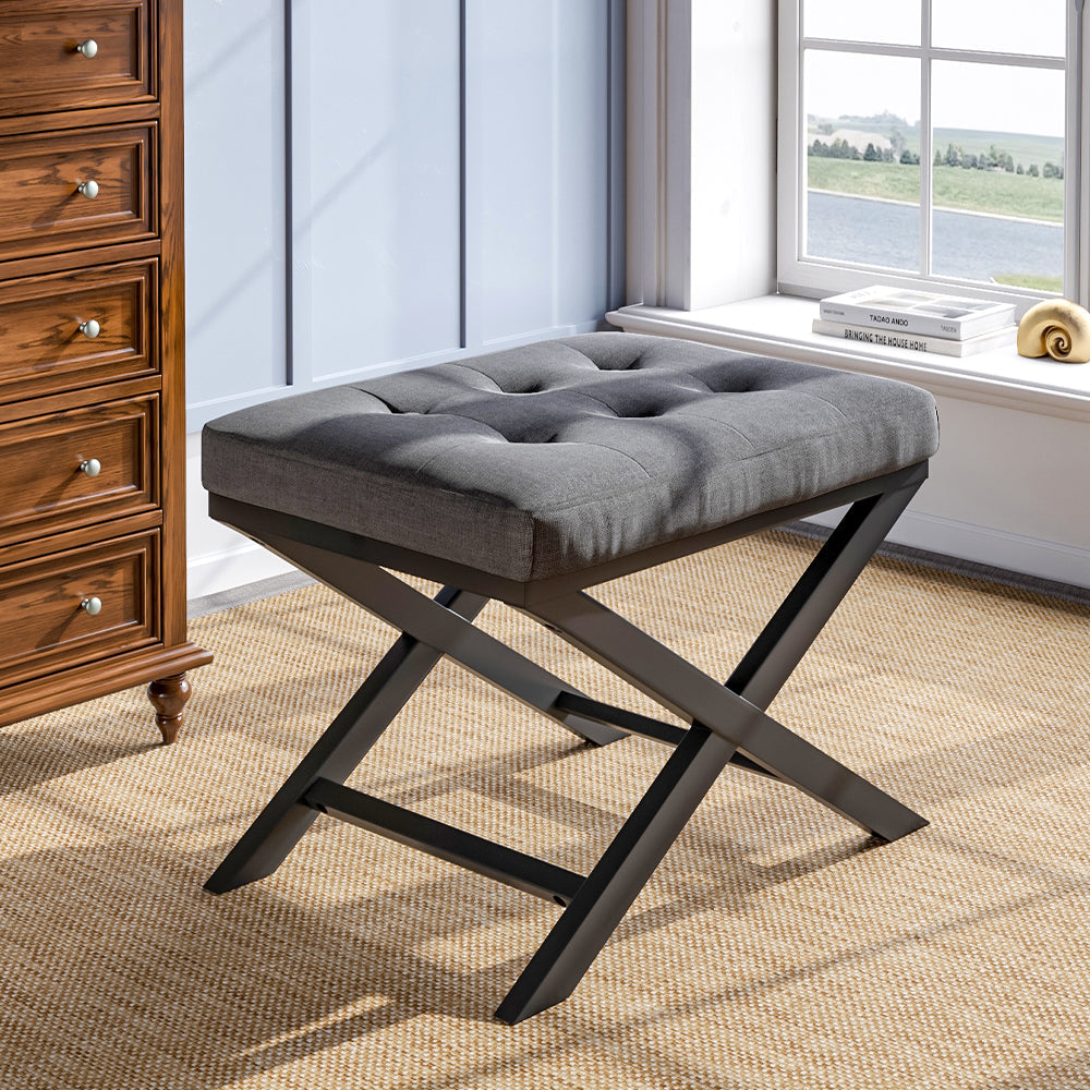 Grey Linen Fabric Footstool Rectangle Ottoman Living and Home