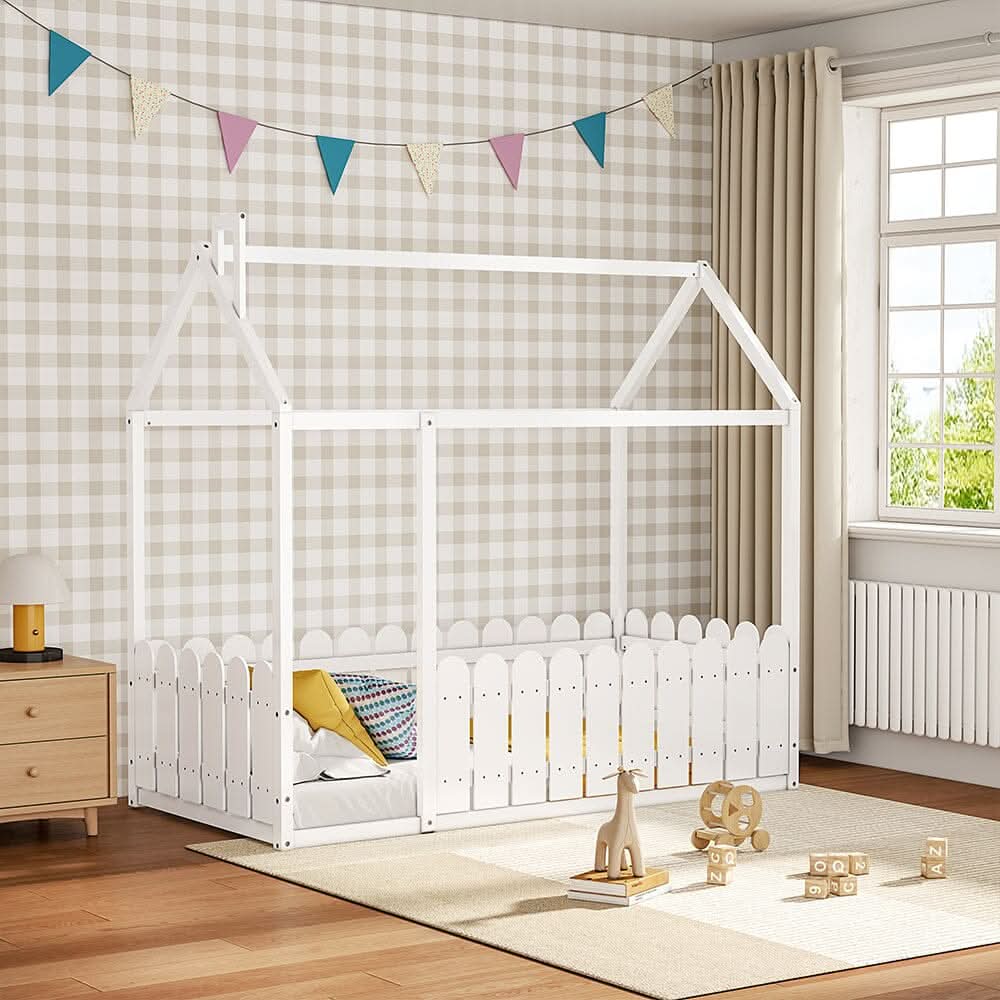 Solid Wooden House Bed Frame Low Bed Fence Roof