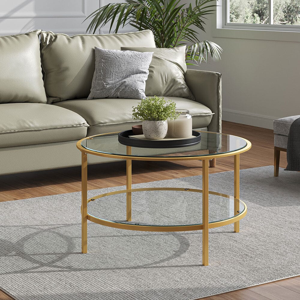 2Tiers Round Glass Coffee Table Side Table Gold Frame Living and Home