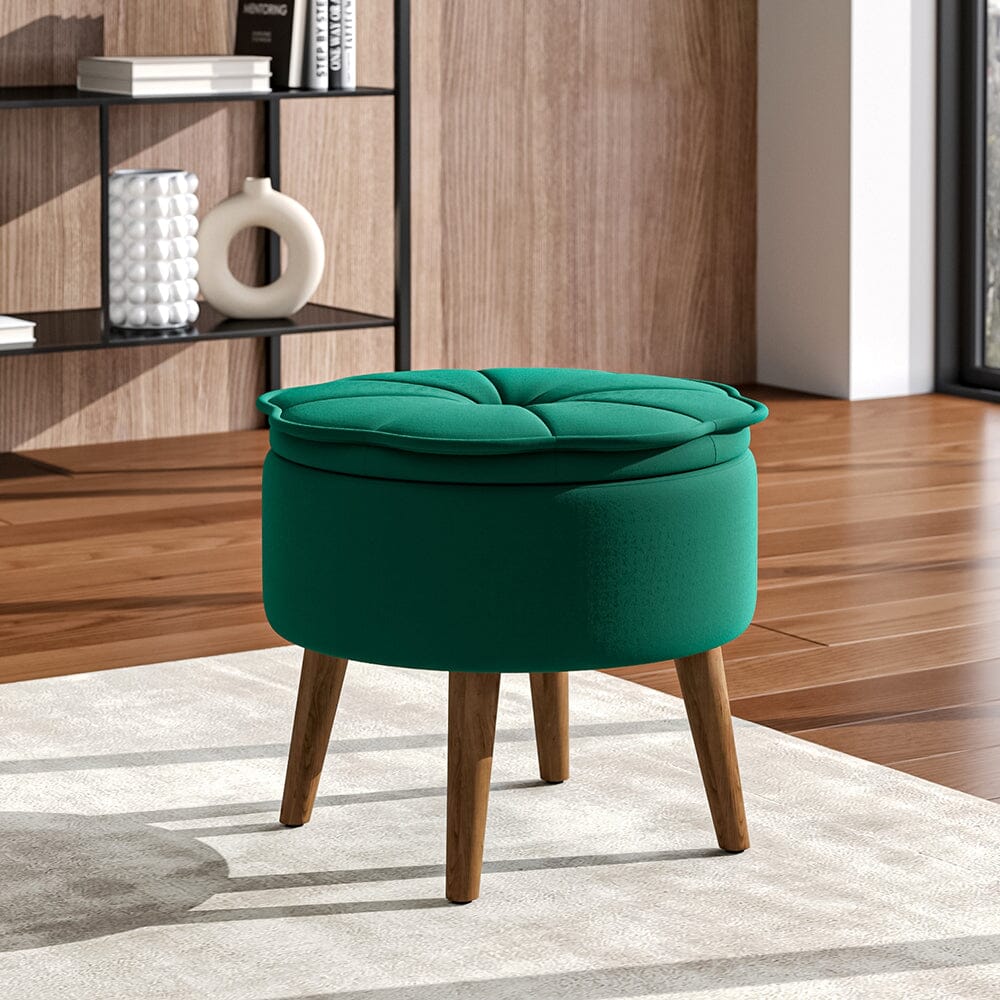 Petal Velvet Ottoman Round Storage Footstool with Lift-off Lid Storage Footstool & Benches Living and Home Green 