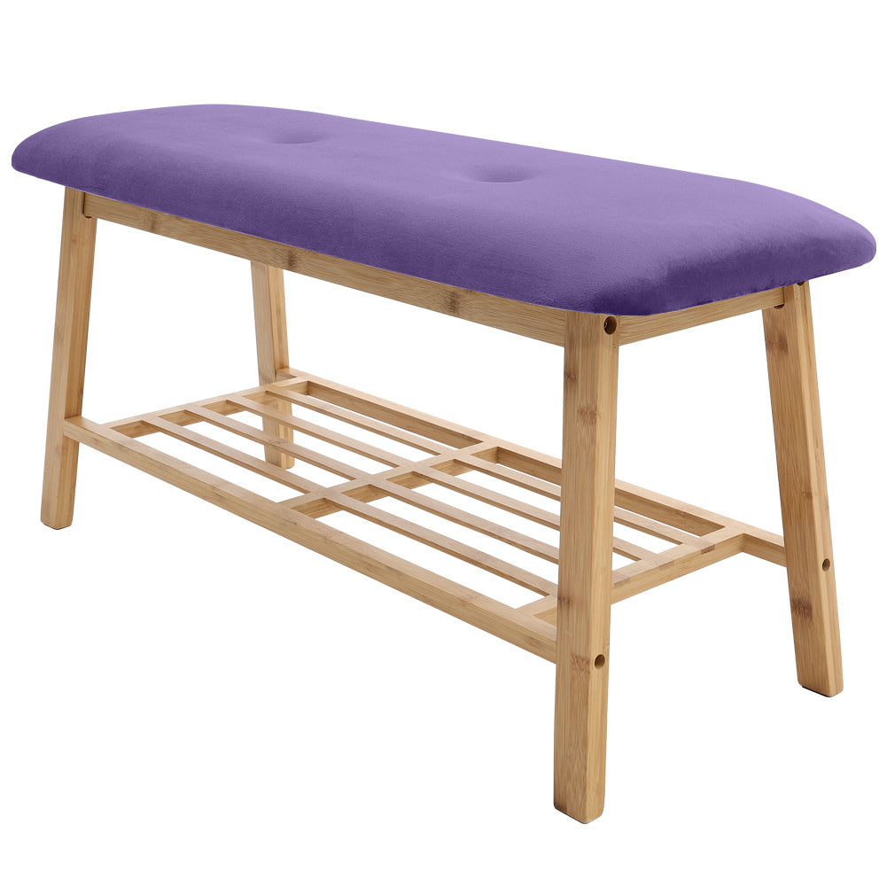 Shoe Bench Bamboo 2 Tier with Shoe Storage Rack Bench Living and Home Purple Velvet 
