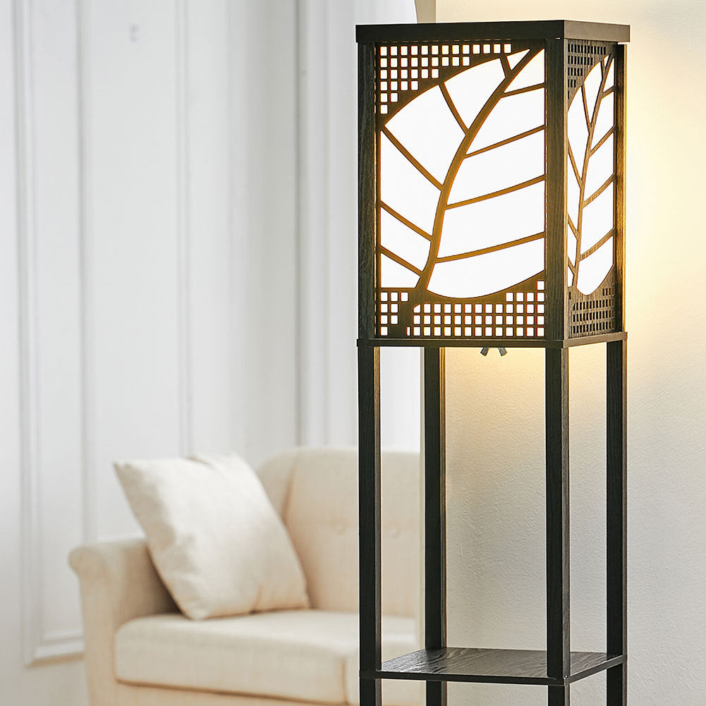 Modern Floor Lamp with Linen Shade Wood Leaf Patterned 3 Layers Towered Lamp Floorlamp Living and Home 